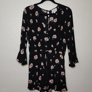 Lost + Wander Black Floral Flutter Sleeve Ruffle Hem Romper